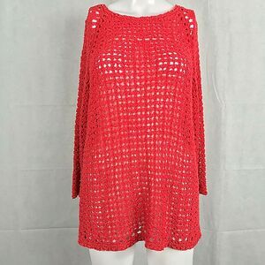 Chico’s Sweater Womens Sz 0 Small Red Open Knit Crochet Pullover Tunic Sweater